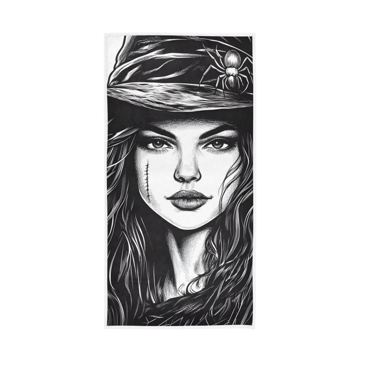 HUYGD Witch Portrait Hand Towel, Multipurpose Shower Towels for Hand, Face, Hair, Bath 15 x 30 Inches