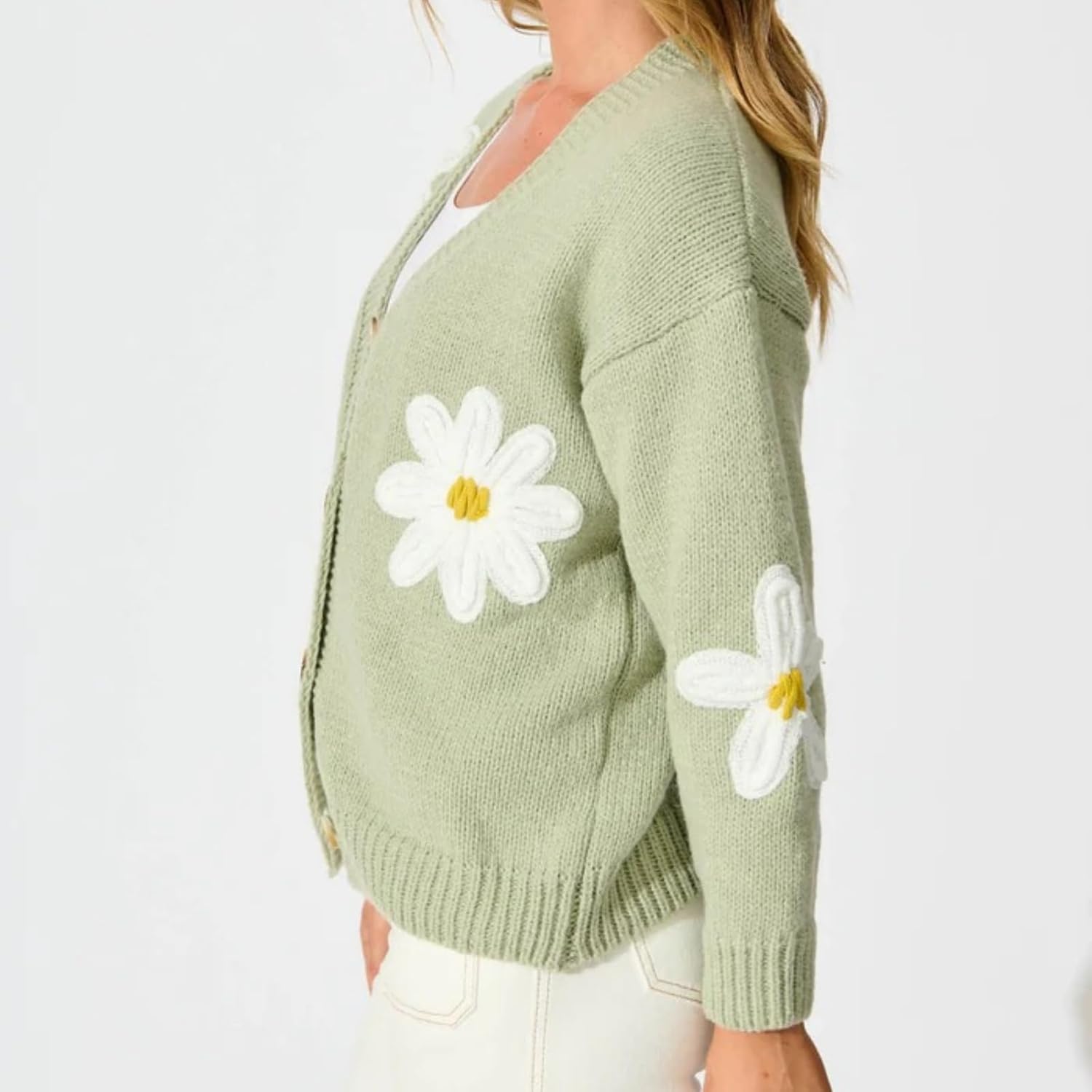 Womens Flower Knit Cardigans Long Sleeve Button-up Aesthetic 90s Knitted Fall Sweater Cardigans Tops - Image 3