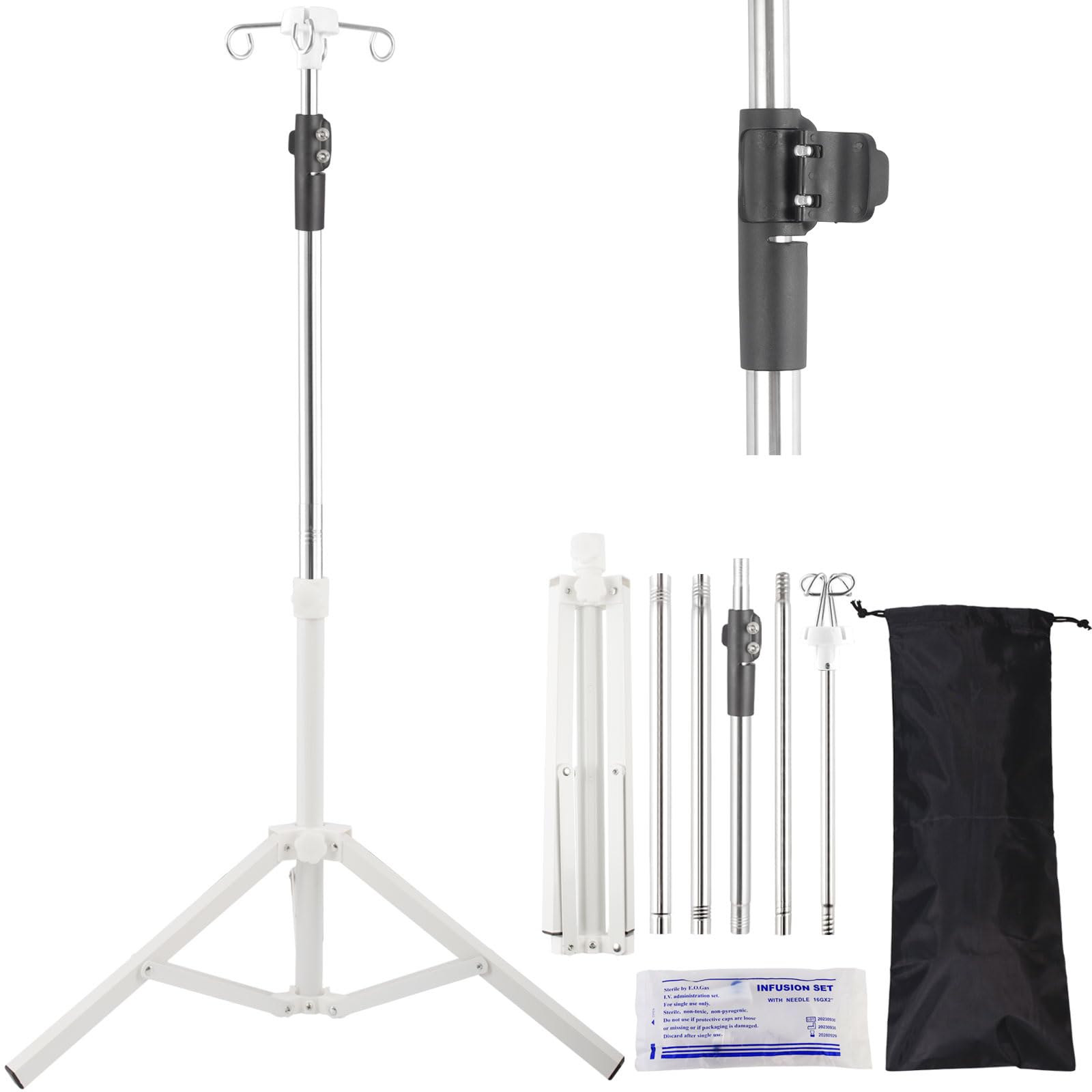 Photo 1 of Crilealym IV Pole Portable,46 to 86In Telescopic IV Stand Floor with 4 IV Bag Holder Stabilizing Tripod Stainless Steels Pipe Extension Pole IV Influsion Pole with Organizers Infusion Bags (Silver)