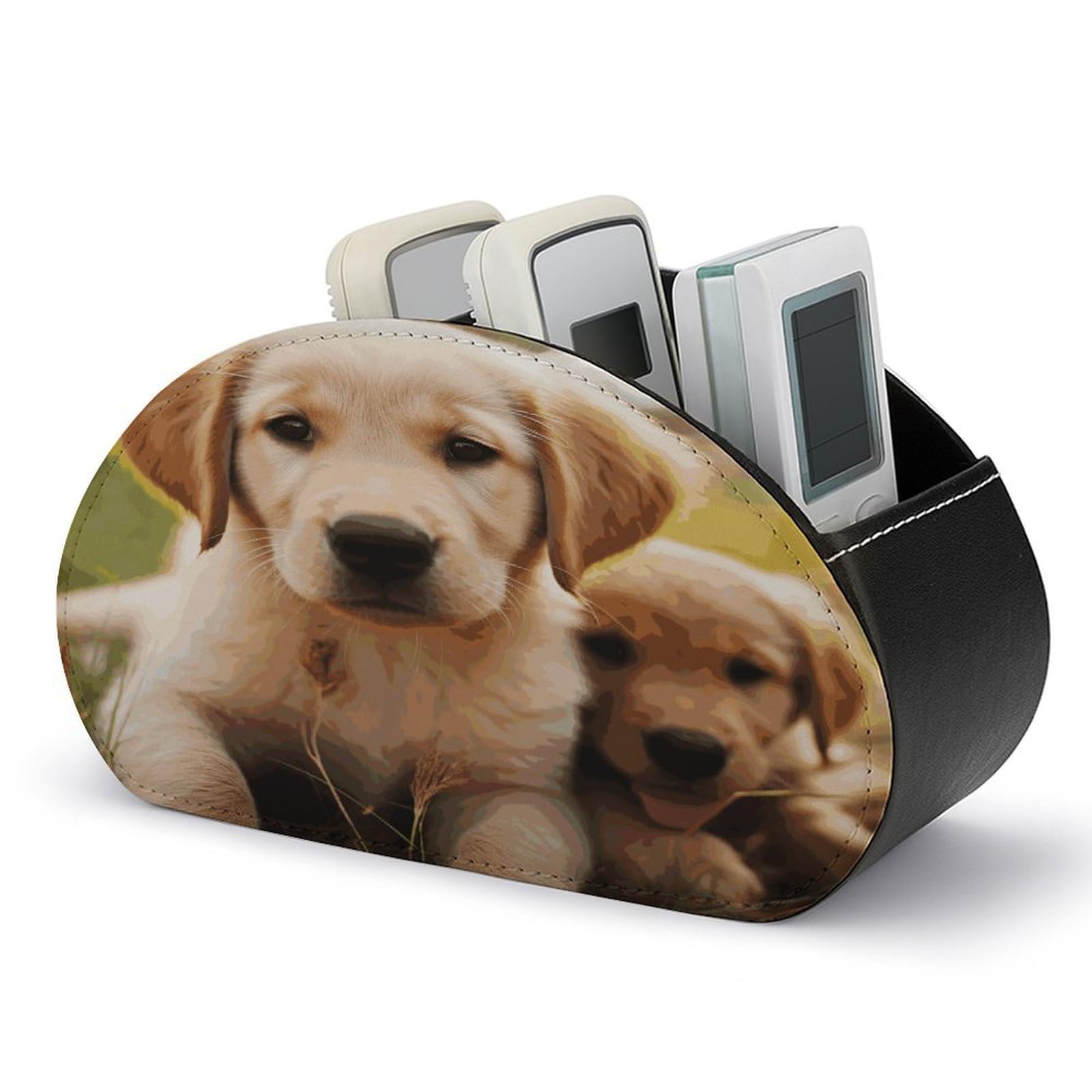 LZQPOEAS Cute Golden Retriever Puppy Remote Control Holder Desk Storage Organizer Box Container Remote Storage Box with 5 Compartments PU Leather Remote Caddy for Home Bedside Table Organizer