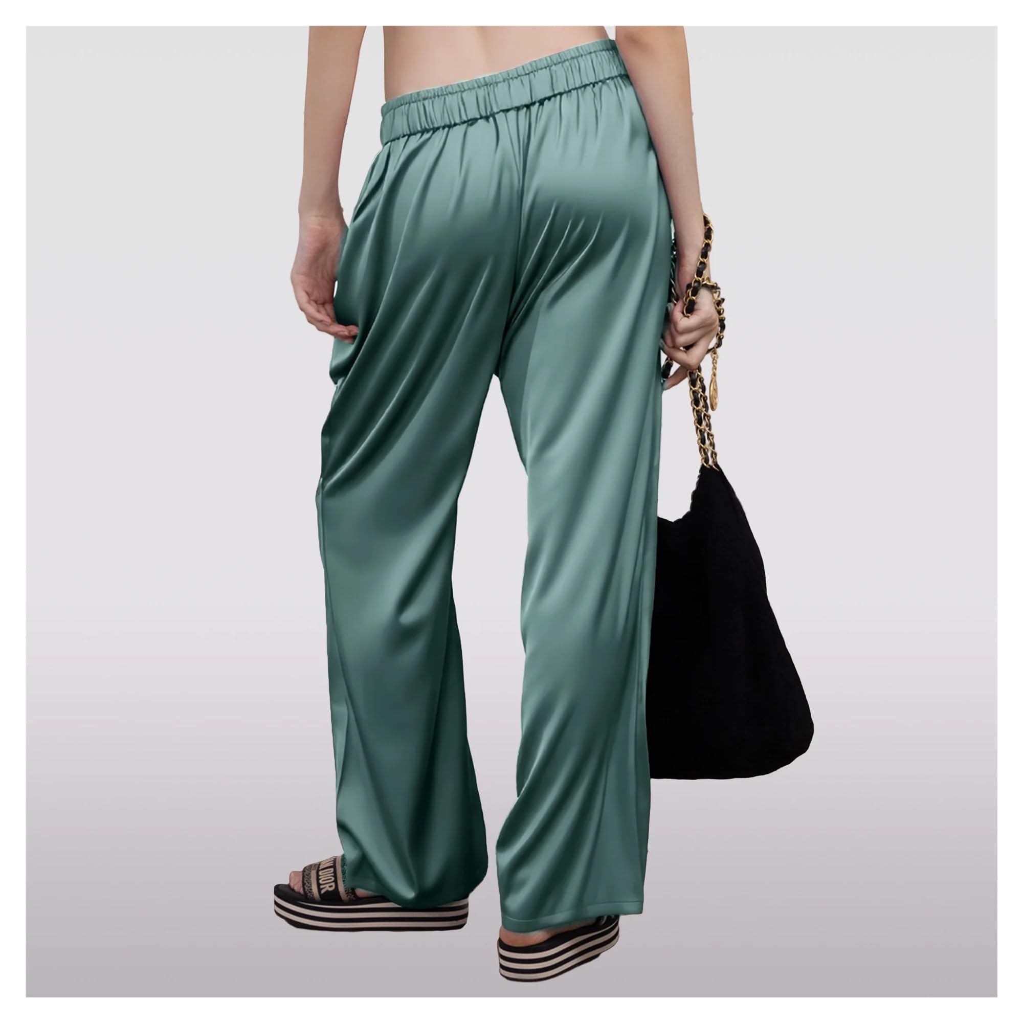 Pantalones de Verano Pantalones Anchos de Seda for Mujer, Rectos, Ligeros, de satén, con Bolsillos, for Uso Diario e Informal. para Mujer(Black,XL)