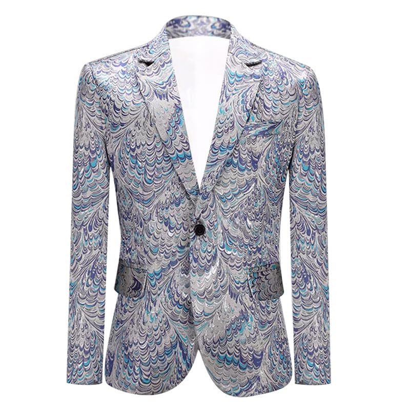 HBDesign 1 Piece 1 Button Printed Peacock Blue Pattern Mens Suits Jacket