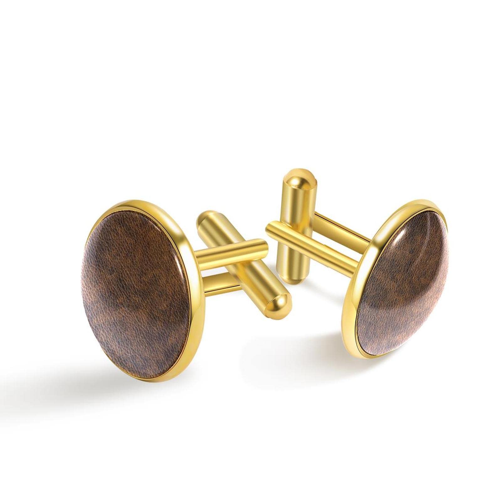 Gemelli in oro personalizzati per camicia da smoking in pelle marrone, 20mm*20mm, Acciaio inossidabile, Quarzo creato