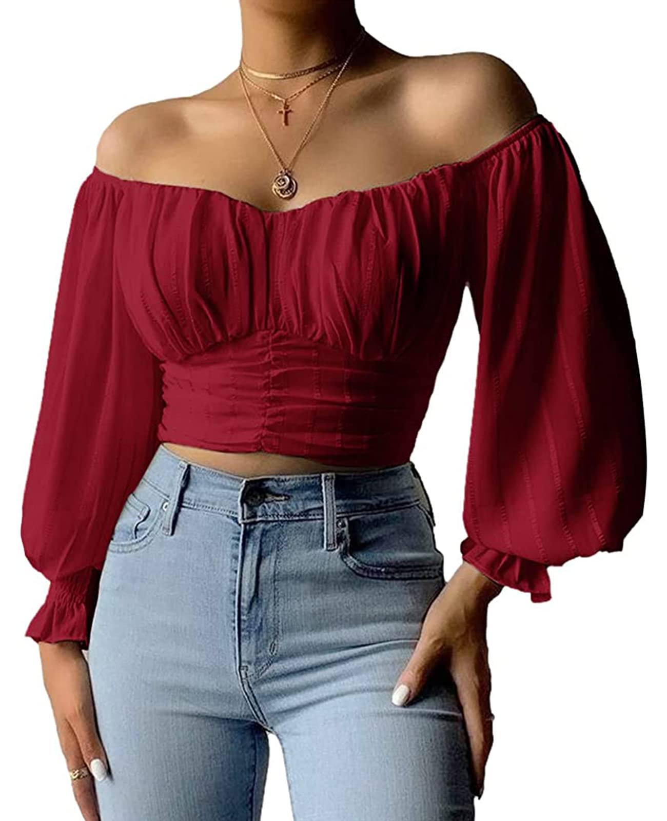 MIRACMODA Womens Elegant Off The Shoulder Puff Sleeve Blouse Summer Chiffon Slim Fit Party Crop Top