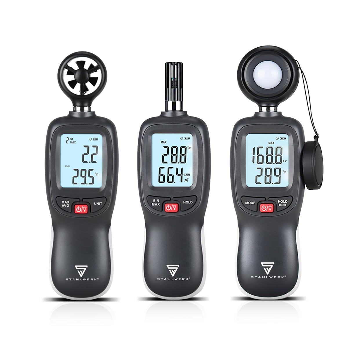 STAHLWERK Set di strumenti di misura - set per la misurazione del clima e della luce con anemometro, termoigrometro e luxmetro per la misurazione della velocità dell'aria, della temperatura, dell'umid