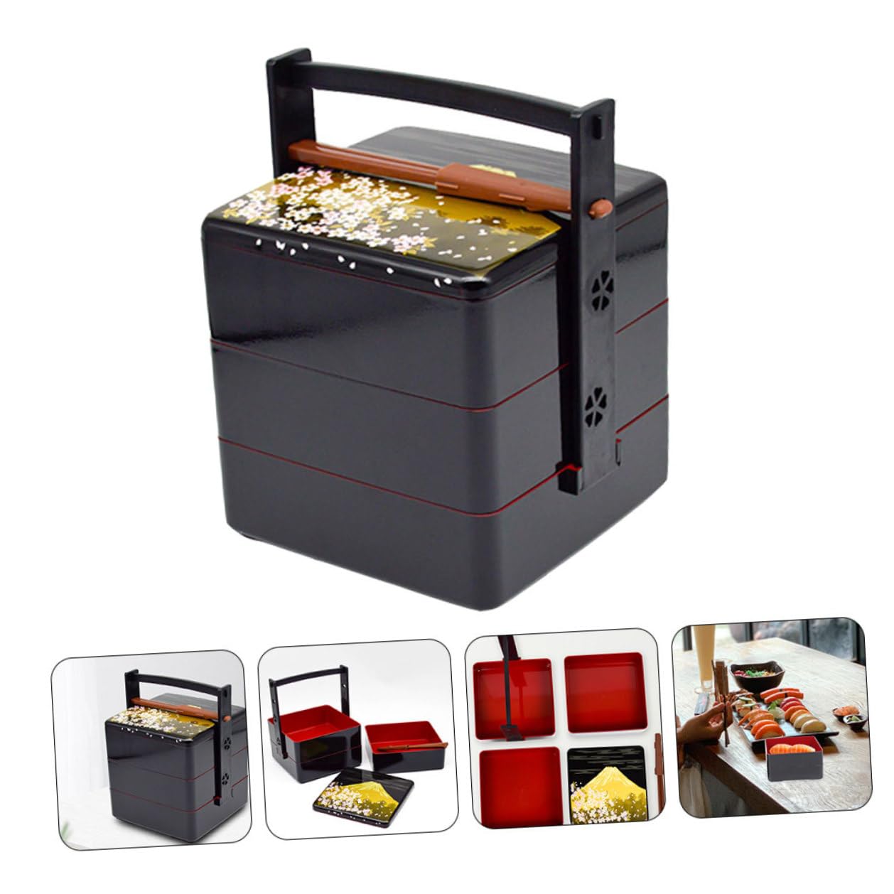 Boîte Bento Japonaise Noire à 3 Niveaux, Boîte à Lunch Portable en Abs Réutilisable, Hermétique et Pratique, pour Pique-niques et Rangement Alimentaire