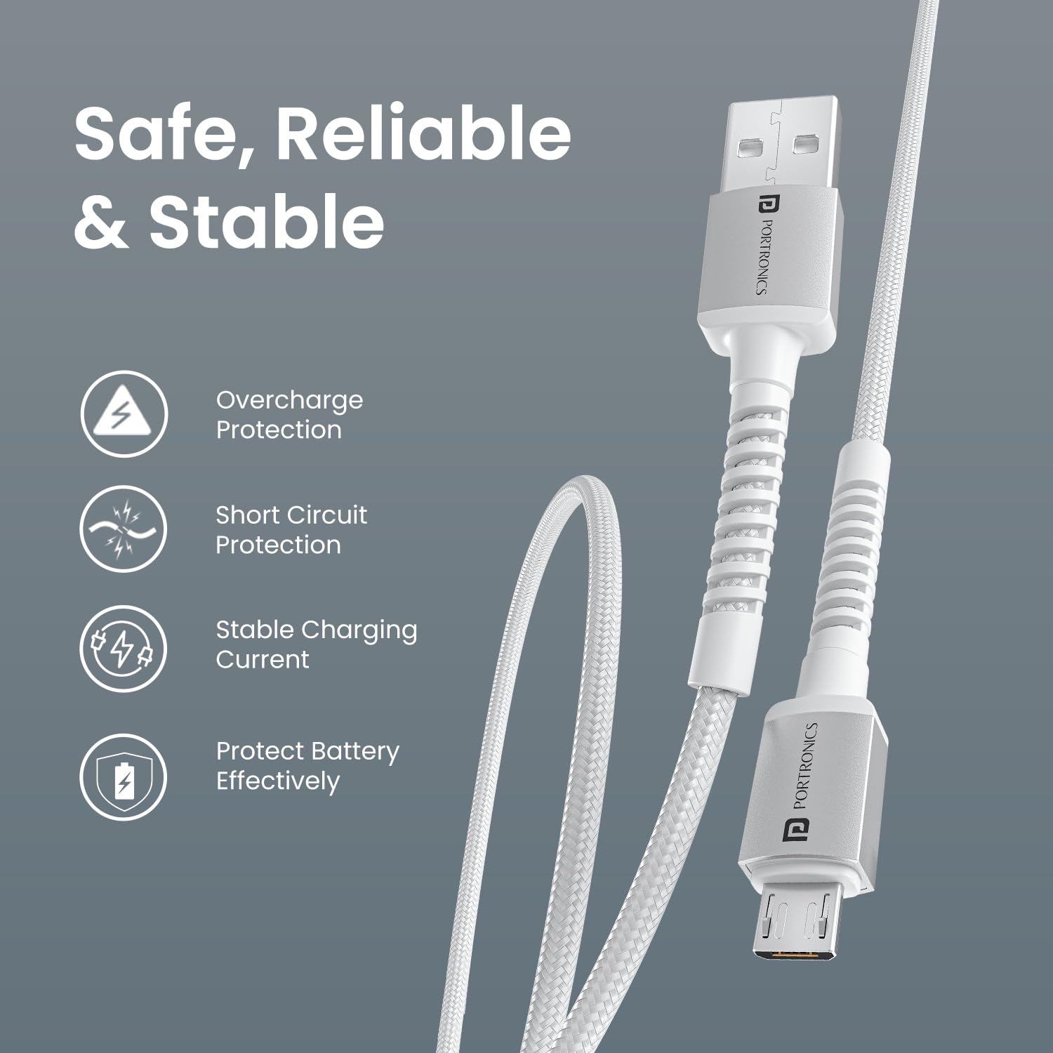 Portronics Konnect X USB-A to Micro USB Fast Charging Cable With Max 3A Output,Fast Charging & Data Transfer, Nylon Braided, Aluminium Alloy Shell, 1M Length compatible with Micro usb Devices(White) — Amazon image 7