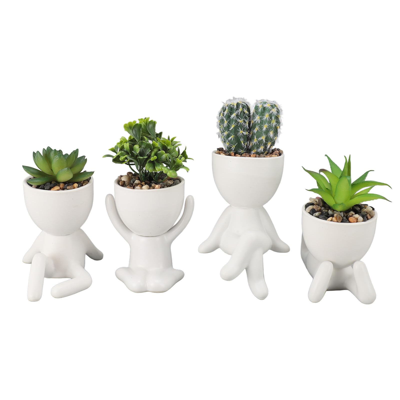 HERCHR 4 Confezioni Piante Finte Creative Piante Succulente Artificiali in Vasi in Ceramica a Forma Umana, Simpatiche Mini Piante Succulente Finte per Camera Bagno Casa Ufficio