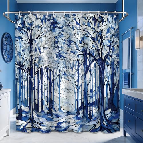 puuiui Light Blue and White Stained Glass Shower Curtain Baby Blue Nature Spring Shower Curtains for Leaf Bathroom Decor Sets, Waterproof Cloth Fabric with Hooks, 70 x 72 Inch