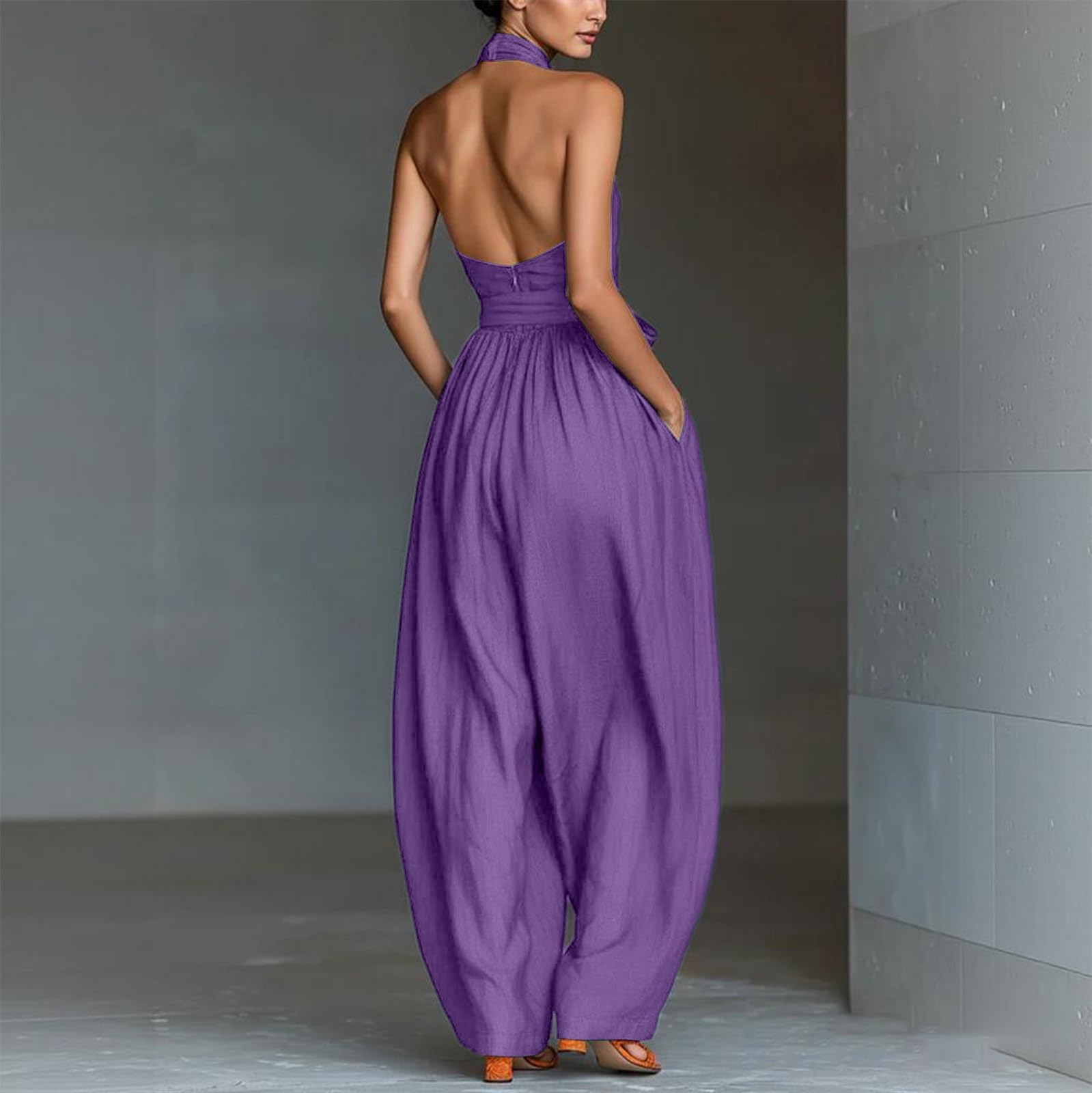 Generisch Jumpsuit Damen Elegant Sommer Neckholder Overall Hochzeit Festlich Tailliert Onesie Hosenanzug Hochzeitsgast Lang Weites Bein Jumpsuits Rückenfrei Trägerlos Business Romper mit Tasche