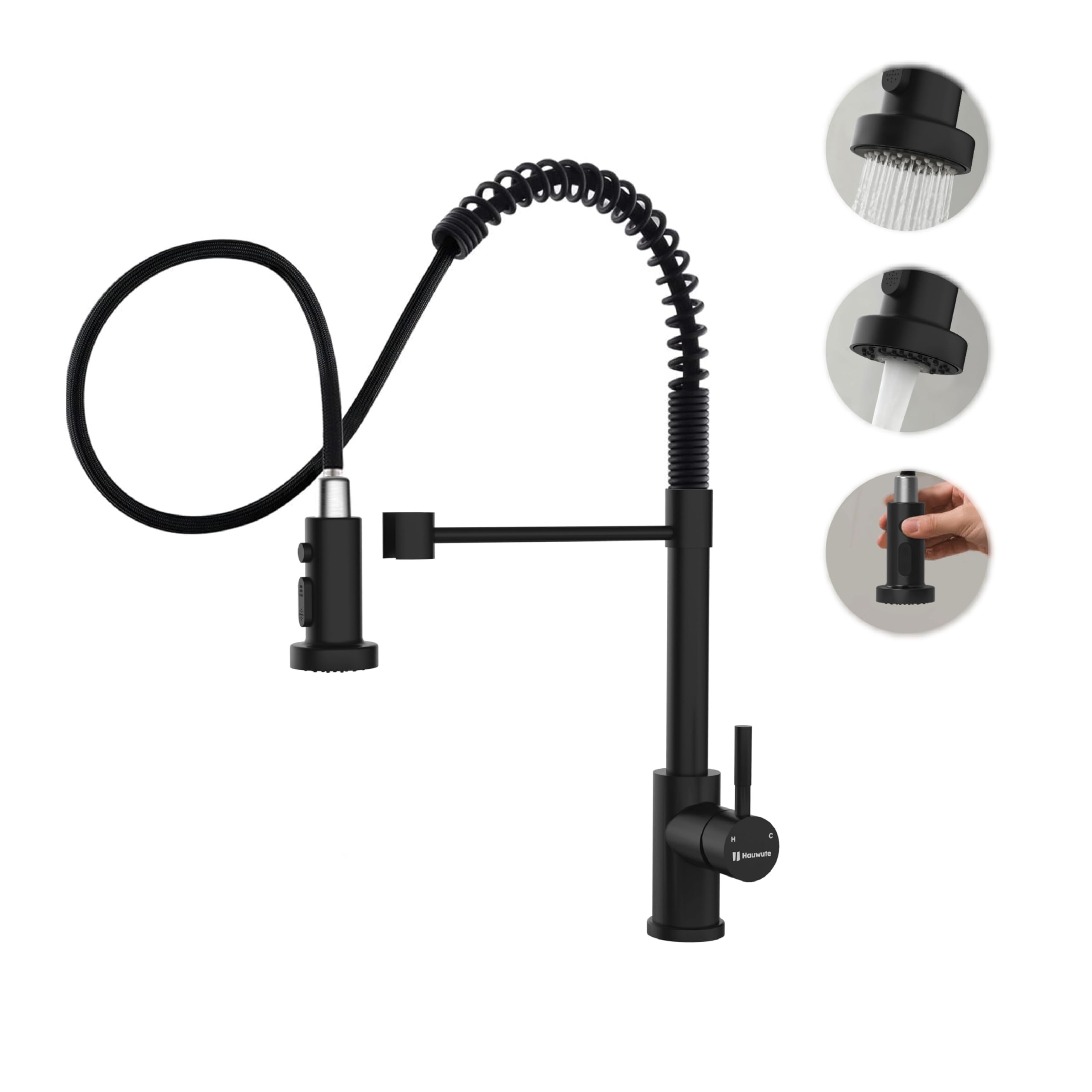 HAUWUTE Black Kitchen Faucets, Kitchen Faucet with Pull Down Sprayer, Matte Black Kitchen Faucet, Single-Handle Kitchen Faucets with Dual Function