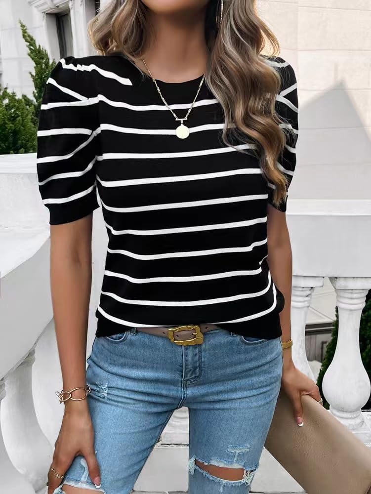 Sumleno Womens Puff Short Sleeve Sweaters Trendy Striped Pattern Short Sleeve Crew Neck Tops Soft Casual Work Knit Pullover - Image 2