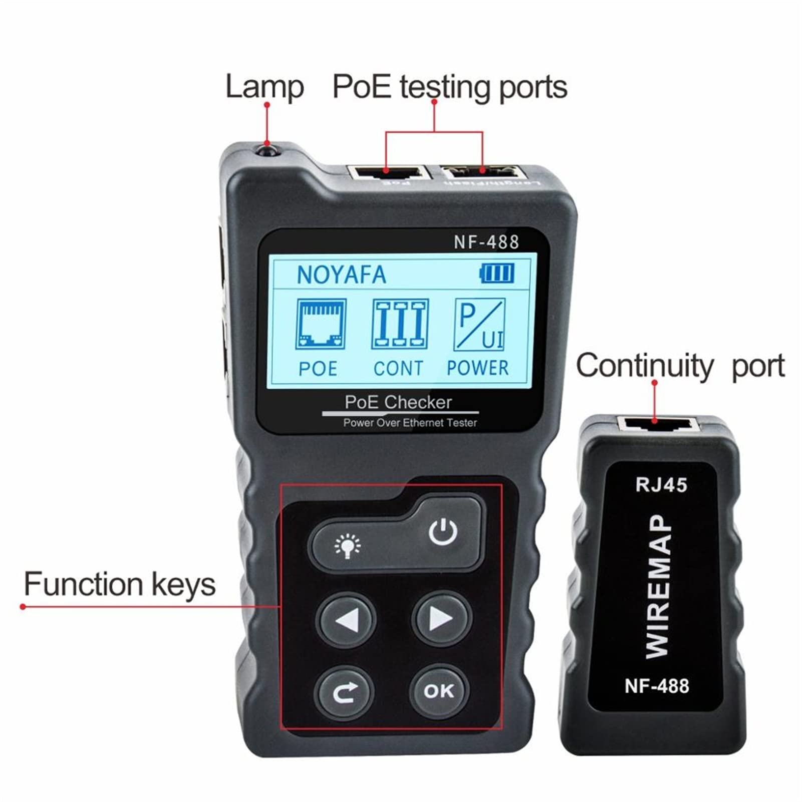 Tester światłowodów, NF-488 LCD Network PoE Checker nad Ethernet CAT5 CAT6 LAN Tester Pętla Test