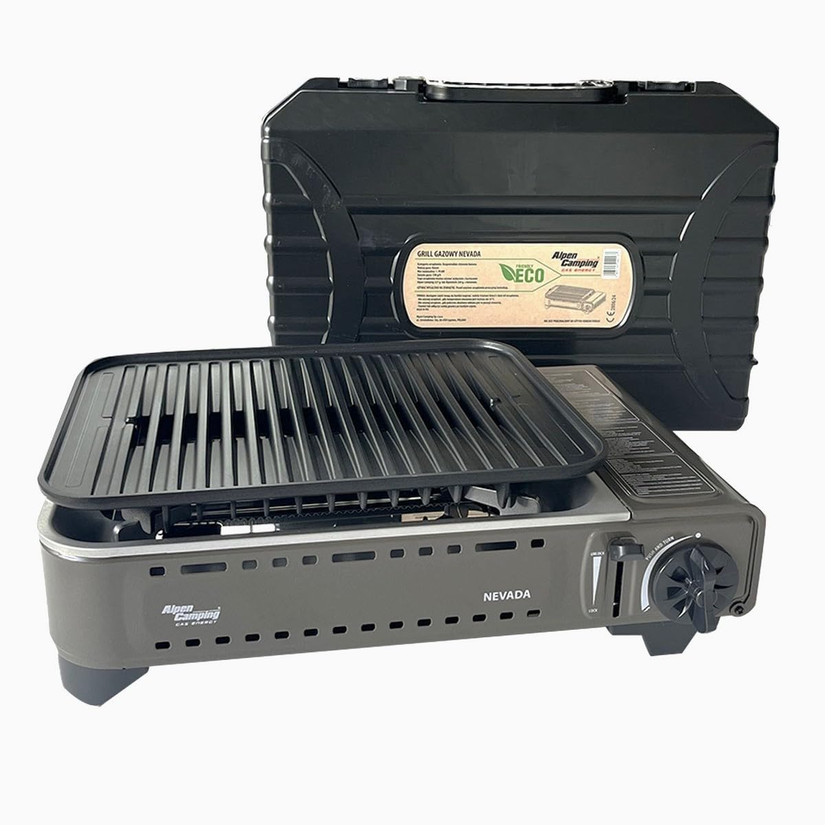 Alpen Camping – Nevada BBQ Gas tragbar | Brenner 1780 W | Fett-Grill, zentraler Schlitz | Piezo-Zündung | Hartschalenkoffer inklusive | Camping, Van, Roadtrip