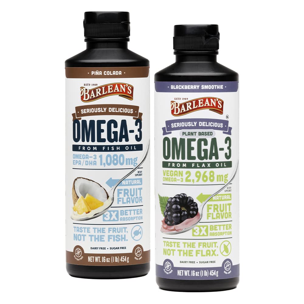 Omega 3 Liquid Supplement Bundle, BlackBerry Smoothie Flax Seed Oil and Piña Colada Fish Oil Supplements Set, 16 oz