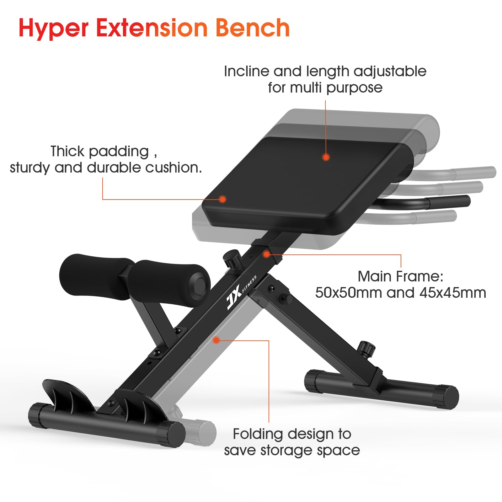 JX FITNESS Hyperextension - Panca regolabile per allenamento della schiena e degli addominali, pieghevole, colore: Nero