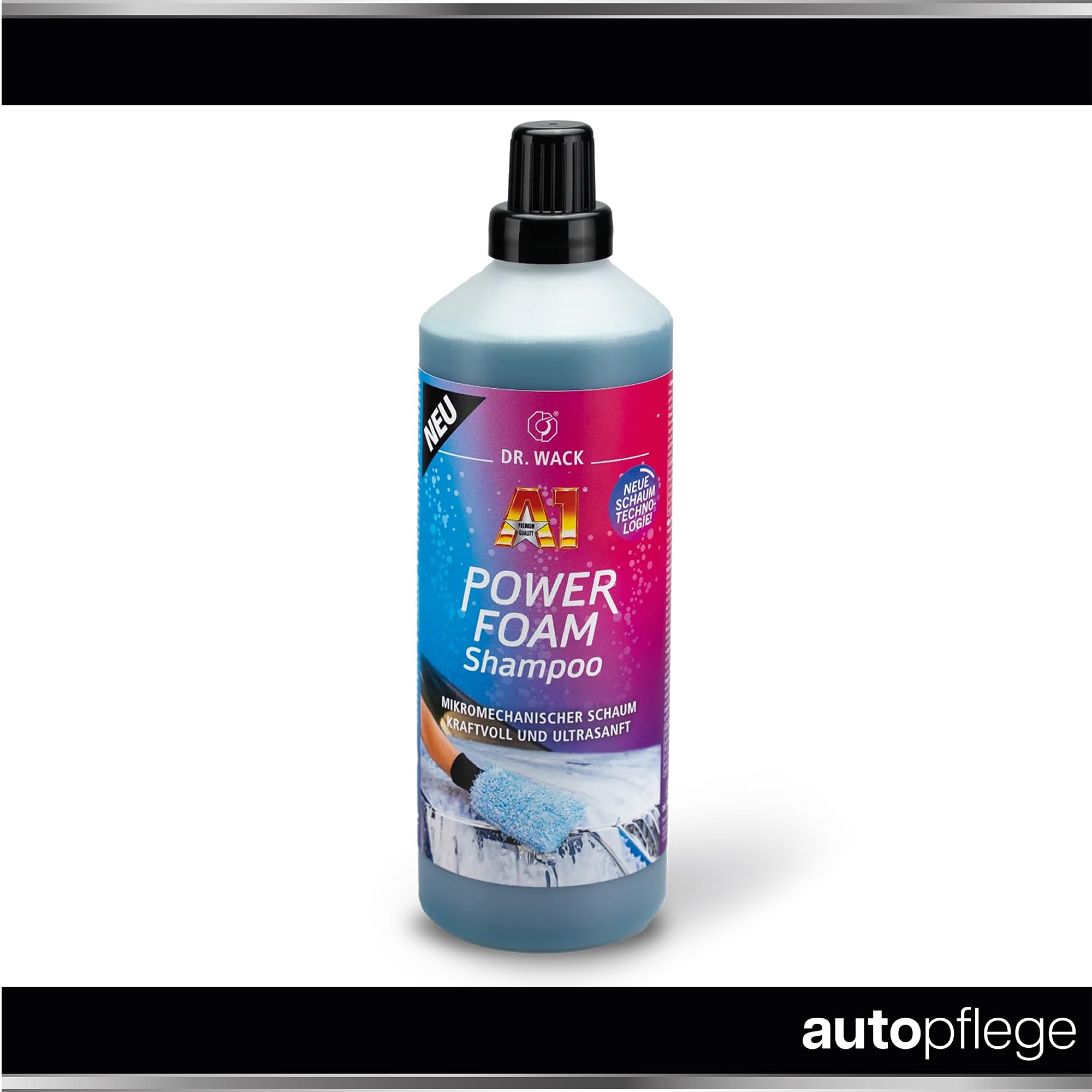 Dr. Wack A1 Power Foam - Shampoo per auto, 1 l + spruzzatore di schiuma + guanto da lavaggio | 2 in 1: pre-pulitore + shampoo per auto con prestazioni di pulizia estremamente forti