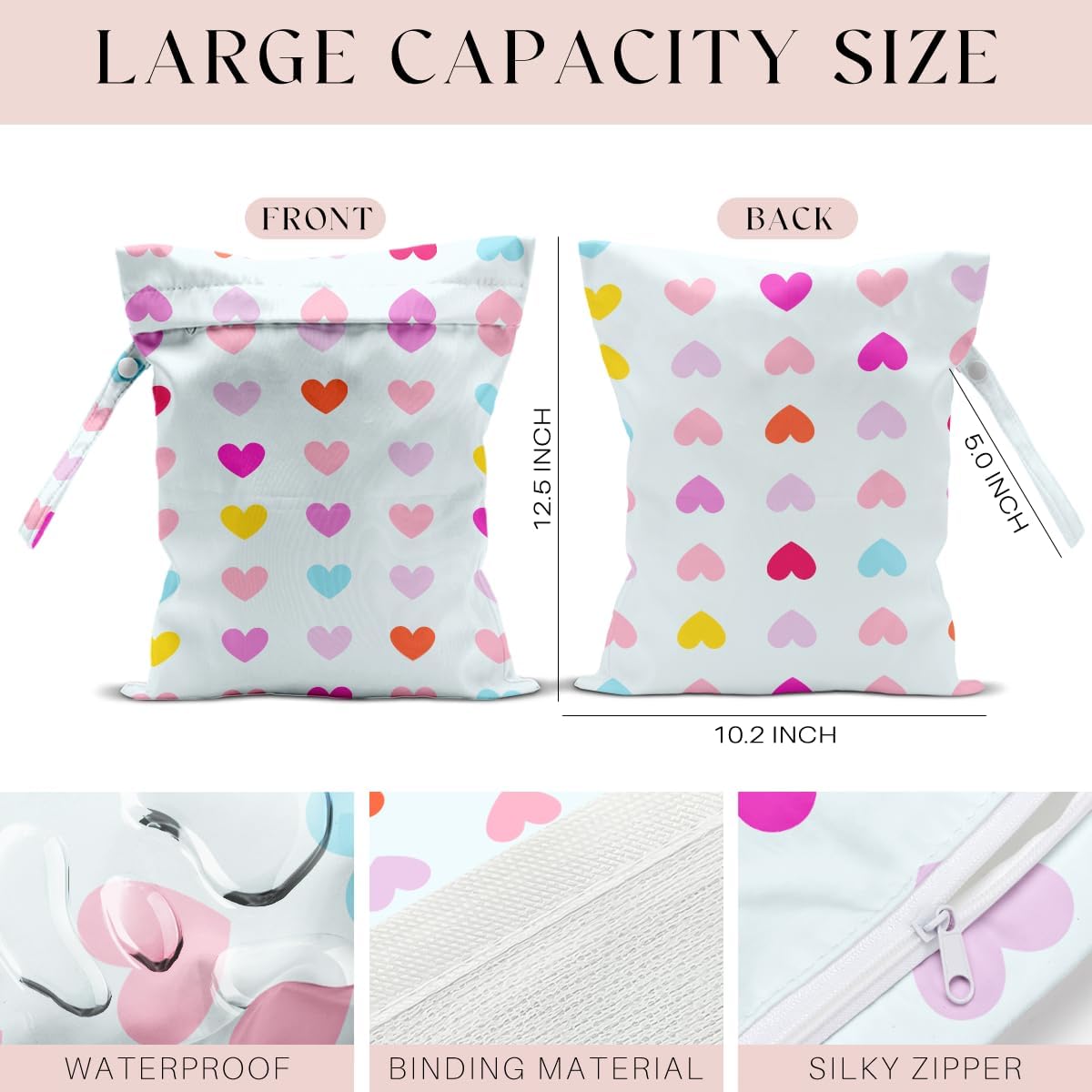 Wet Bag, 4Pcs Wet Dry Bag Set, Reusable Waterproof Bags with Heart & Bow Prints for Women, Practical for Beach Vacations, Pool Time, Travel & Daily Storage Needs