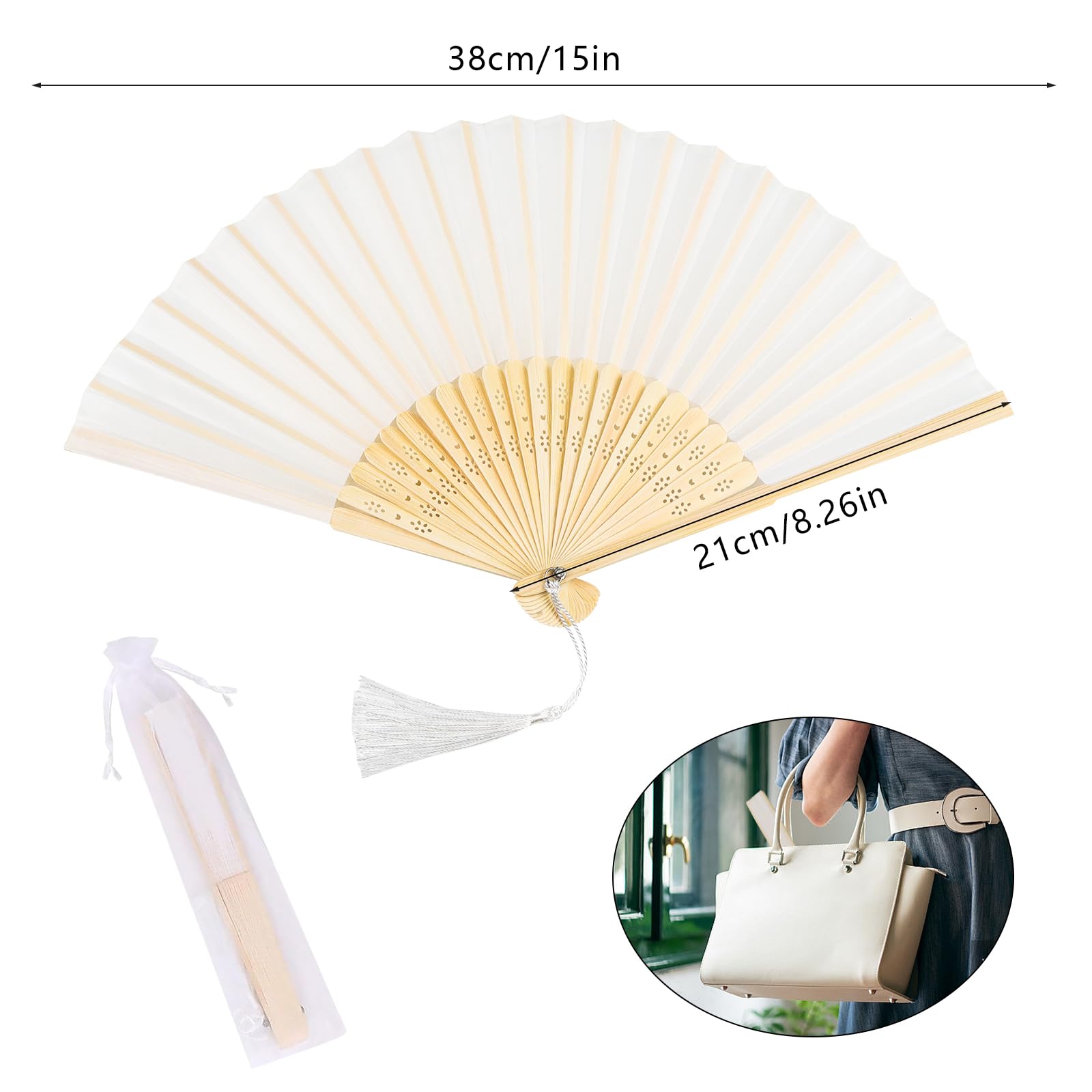 2 Ventagli Pieghevoli In Raso E Bambù - Stile Cinese Per Matrimoni E Decorazioni | Portatili - Foto 7