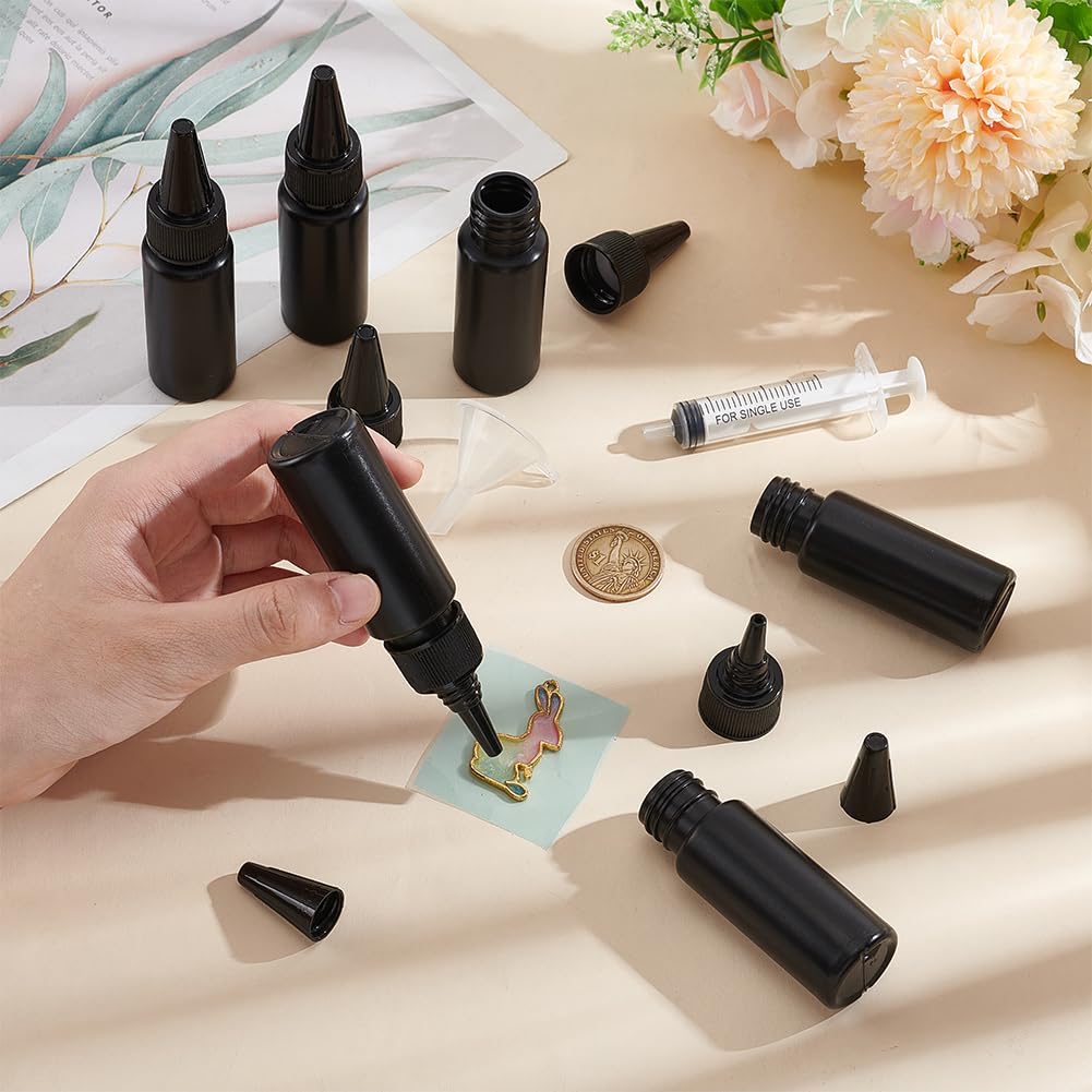 BENECREAT 20 botella Exprimible Negra de 30 ml, Botellas de Plástico A Prueba de Fugas con 3 embudo Y 2 jeringas Sin Aguja, Botellas Vacías Rellenables para Pegamento UV, Petróleo, Líquidos