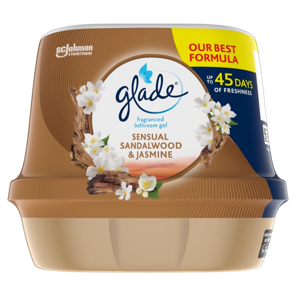 Glade Fragranced Bathroom Gel, Bathroom Air Freshener & Discreet Odour Eliminator, Sensual Sandalwood and Jasmine, 180g (Packaging may vary)