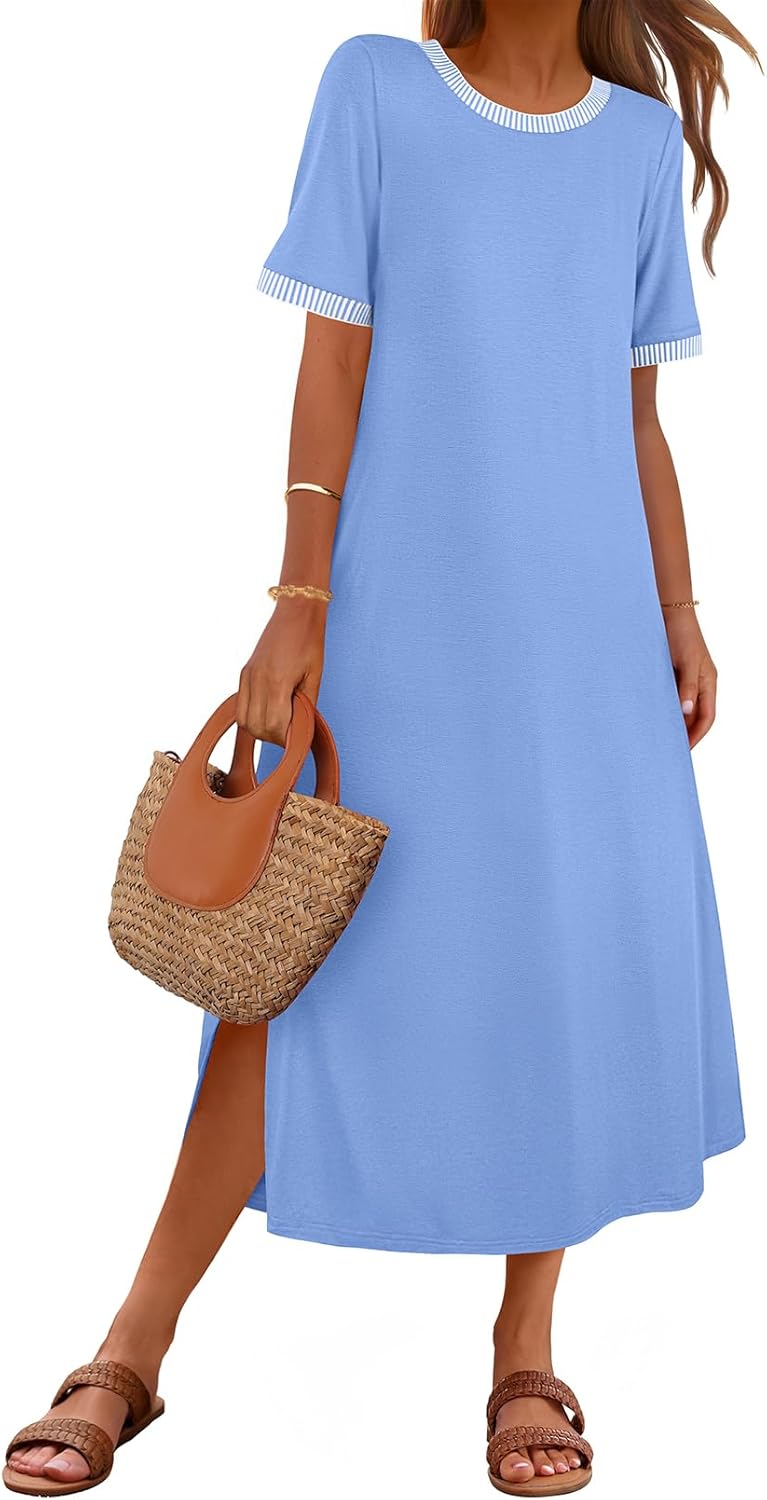 MEROKEETY Women's 2025 Summer Casual Maxi Dress Spring Beach Vacation Short Sleeve Crewneck Split Midi T Shirt Dresses - Image 2