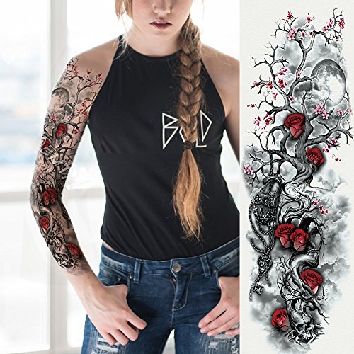 6 Sheets Full Arm Temporary Tattoo, Waterproof Extra Large Black Skull Rose Temporary Tattoos for Men and Women, Adults Body Art Tattoo Sticker Fake Tattoo