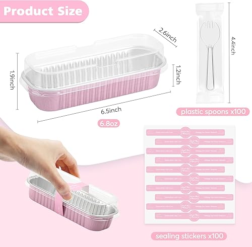 Miniatura 2 de Ruckae - Juego de 100 moldes mini para pan de aluminio con tapas y cucharas, moldes desechables de papel de aluminio, moldes rectangulares mini para