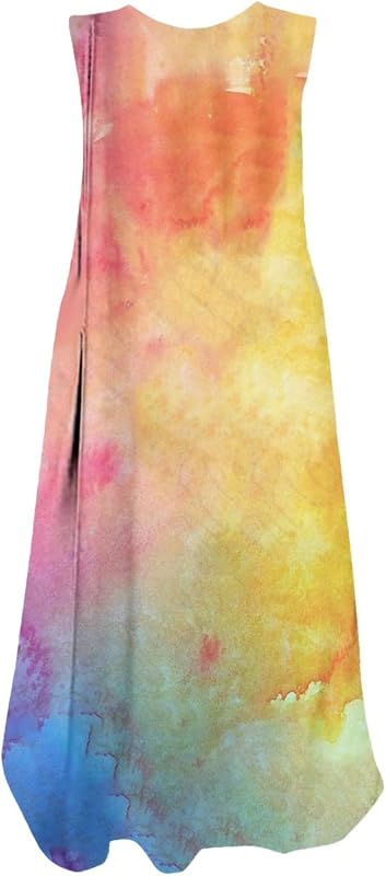 Meilleures ventes Robes d'été pour femme sans manches décontractée avec poche imprimée, robe d'été décontractée, robes maxi pour femmes fendues