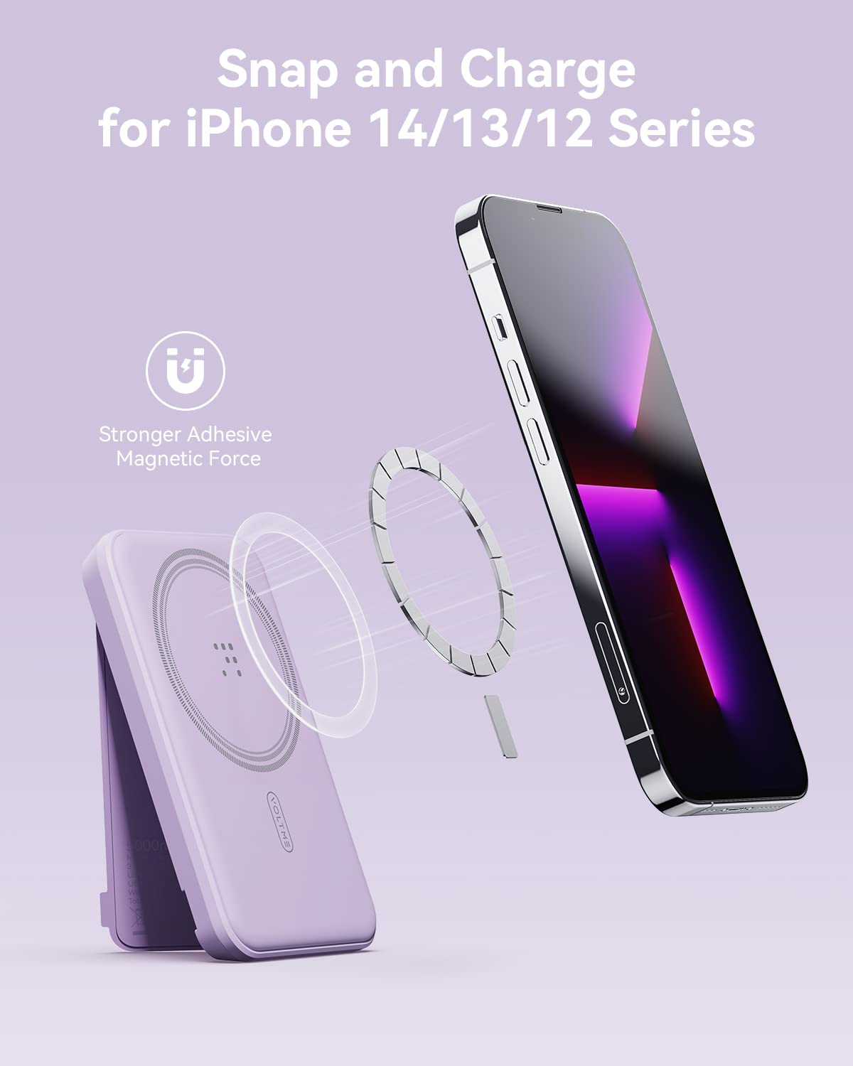 VOLTME Magnetic Power Bank, 5,000mAh Foldable Magnetic Wireless Portable Charger and USB-C Cable, Only for iPhone 14/13/12 Series-Violet