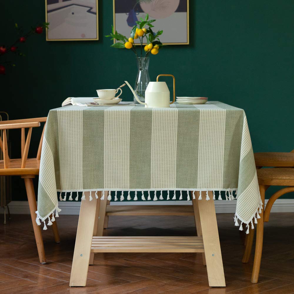 JUNJUN Stripe Decorative Linen Cotton Tassel Table Cloth Rectangular Lace Edge Tablecloth For Wedding Dustproof Table Covers Home Textile Green tassel 55x94inch 140x240cm