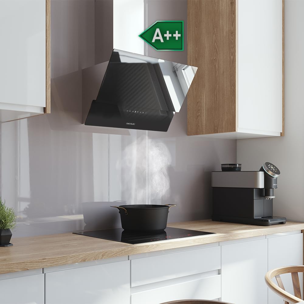 Cecotec Campana Extractora Decorativa 60 cm Bolero Flux DT 608001 Glass Black A++, 210W, Iluminación LED, Succión 800m3/h, Control Táctil, 3 Niveles, Filtro Carbono, Hand Movement, Delay Function