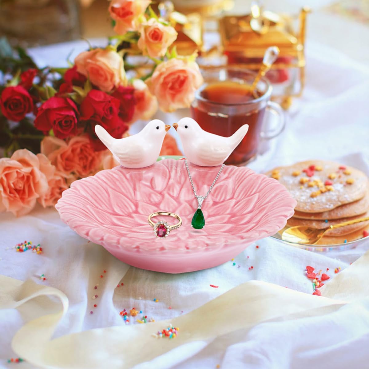 SHINEOFI 2 Stück Keramik Schmucktablett mit Vogelmotiv Schmuckschale Klein Vielseitiger Organizer für Ringe und Ohrringe Dekoratives Schmuckablage für Schlafzimmer und Badezimmer