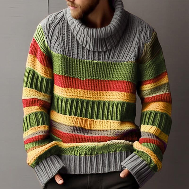 Mens Oversized Turtleneck Sweaters Cable Knitted Winter Warm Thicken Twisted Knitwear Fashion Striped Color Block Jumper2