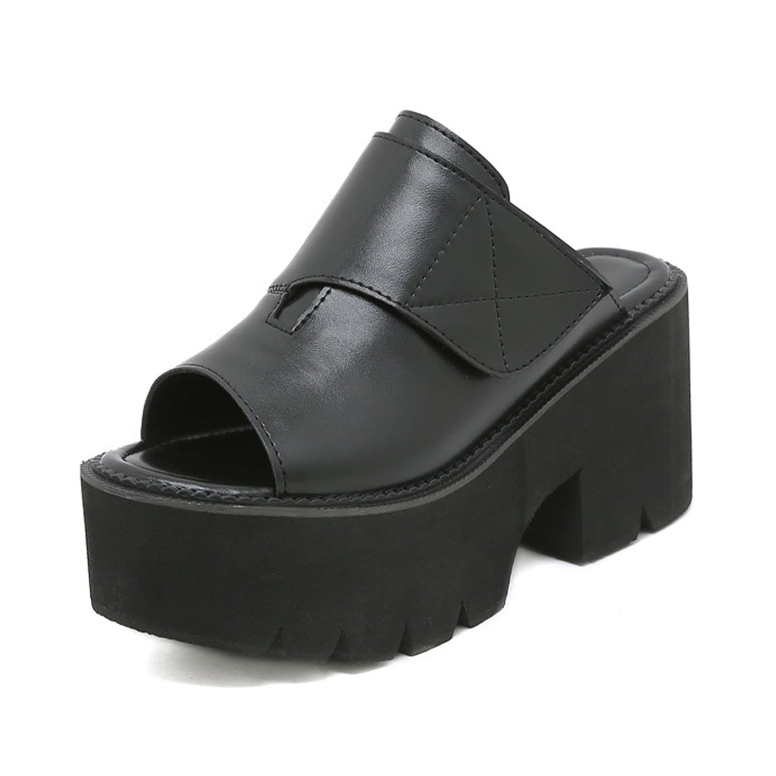 MIKAZONNE Women's Leather Platform Block Heel Slides Sandals Round Open Toe Lug Sole Slip On Chunky Heel Fashion Sandals for Party Evening Dating