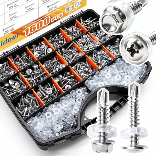 weideer 1600pcs #8#10# Self Tapping Screws for Metal,410 Stainless Steel Sheet Metal Screws Assortment Kit, Hex Washer Head &amp; Truss Head Quick Tapping Screw with Rubber Washer