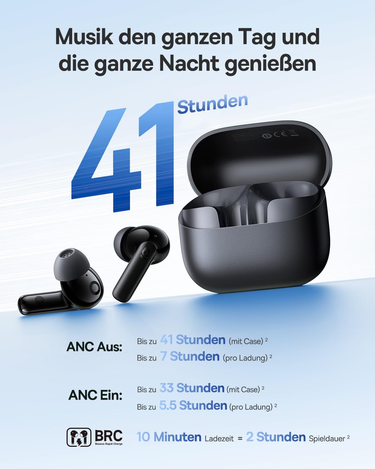 Baseus EP10 NC In Ear Kopfhörer Bluetooth Noise Cancelling, Bluetooth Kopfhörer mit -43 dB ANC, Adaptive Geräuschunterdrückung, Earbuds mit 4-Mic KI Klarer Anruf, IP55, 41H Spielzeit, Bluetooth 6.0
