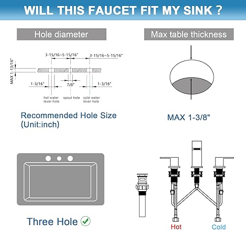 Miniatura 7 de OMEKNTOP Grifo de baño de 3 agujeros, grifo de lavabo de baño con drenaje desplegable de 8 pulgadas, grifo de cascada generalizado de 2 manijas con
