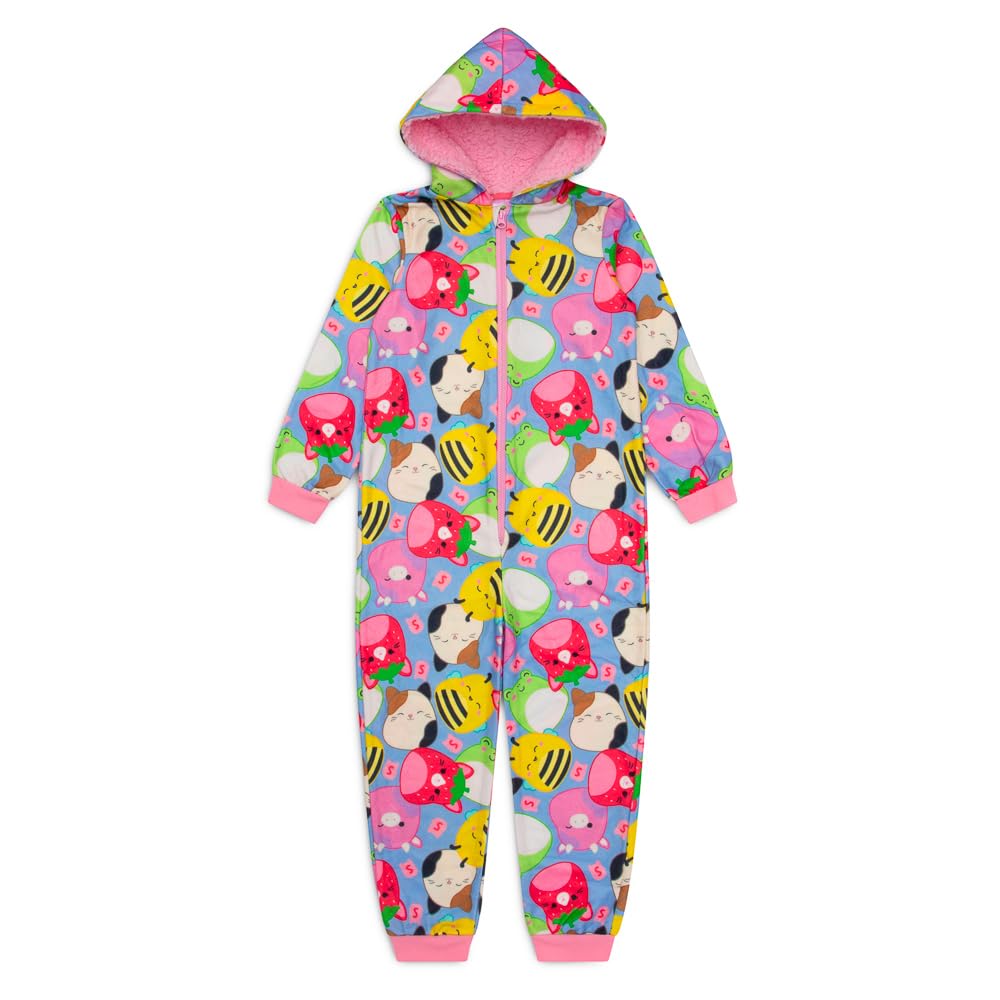 Squishmallows Girls Fleece Onesie – Hooded Zip Up Pyjamas Nightwear – Soft Cosy Polyester Loungewear Sleepsuit for Kids Ages 6 to 13 Years (6-7 Years) Multicoloured