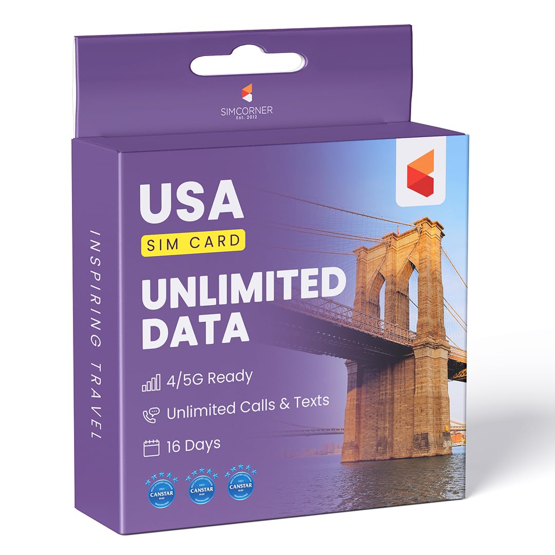 SimCorner USA Travel SIM – 16 Days Unlimited 5G/4G Data | 3-in-1 (Standard/Micro/Nano) | Unlimited Calls & Texts to US & Hawaii Mobiles & Landlines