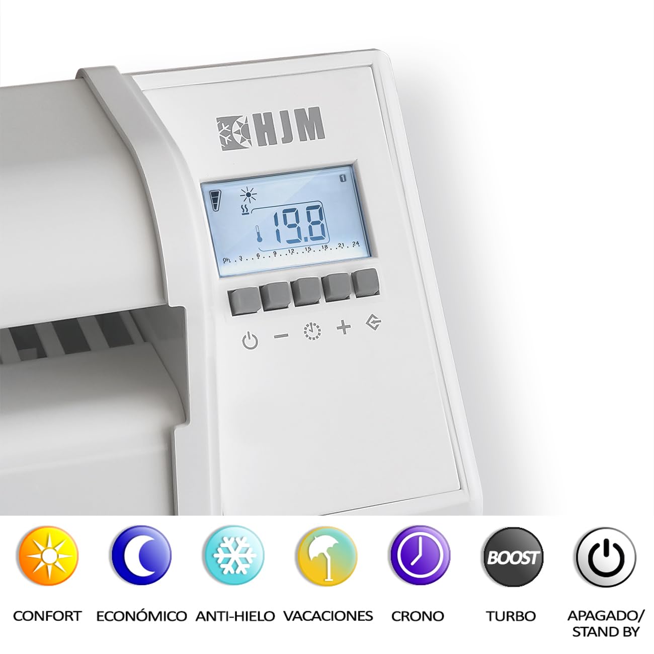 HJM AMC1500 Emisor térmico cerámico Bajo Consumo | Programable | Pantalla LCD | 1500 W | Blanco, 230 V