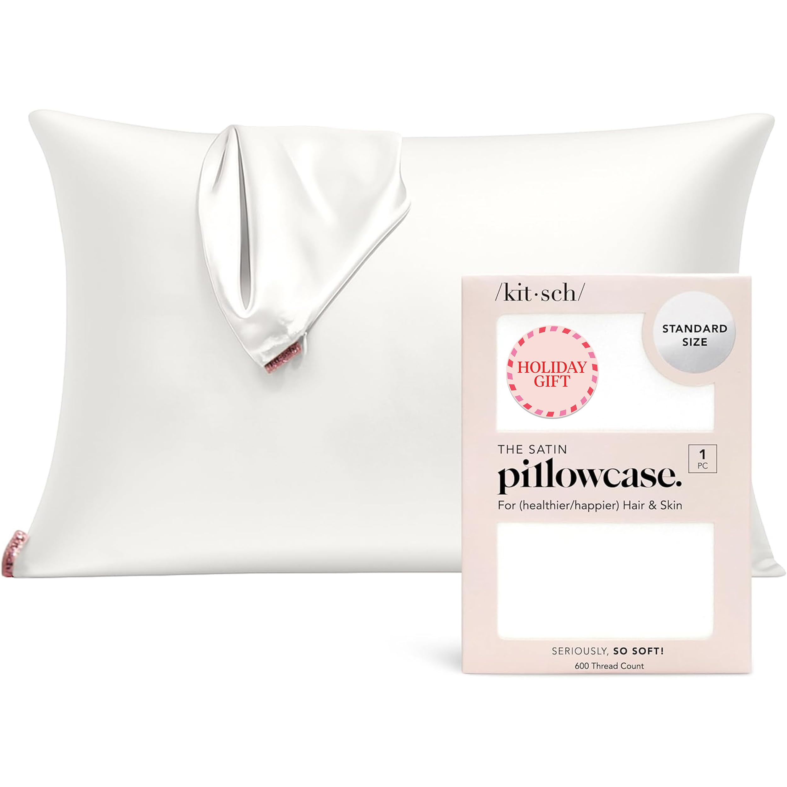 Kitsch Satin Pillowcase with Zipper for Hair & Skin, Softer Than Silk Pillow Cases Queen, Smooth Pillow Covers, Machine Washable, Wrinkle-Free, Cooling Satin Pillow Cases Standard Size 19"x26", Ivory