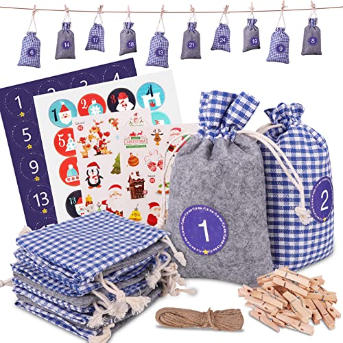 Adventskalender zum Befüllen Kinder, 2022 Weihnachten Geschenksäckchen, DIY Adventskalender mit 24 Filzbeuteln und Stoffbeutel, Stickern und Zahlen Aufkleber; Adventskalender Selber Befüllen Cover