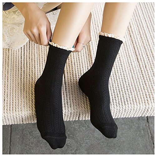 Image of Women's Trim Ruffle Frilly Turn Cuff Socks - Cute Vintage Dress Crew Ankle Boot Socks