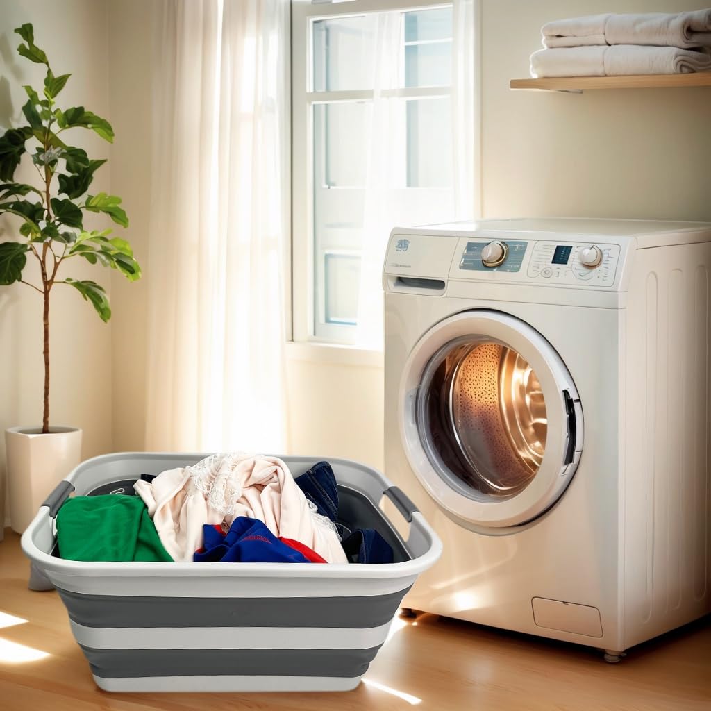 SMMART Collapsible Plastic Laundry Basket with Handle/Foldable Pop Up Storage Hamper/Portable Laundry Organizer-Space Saving Washing Tub/Household Storage Supplies (Grey/Steel Grey, 42L)