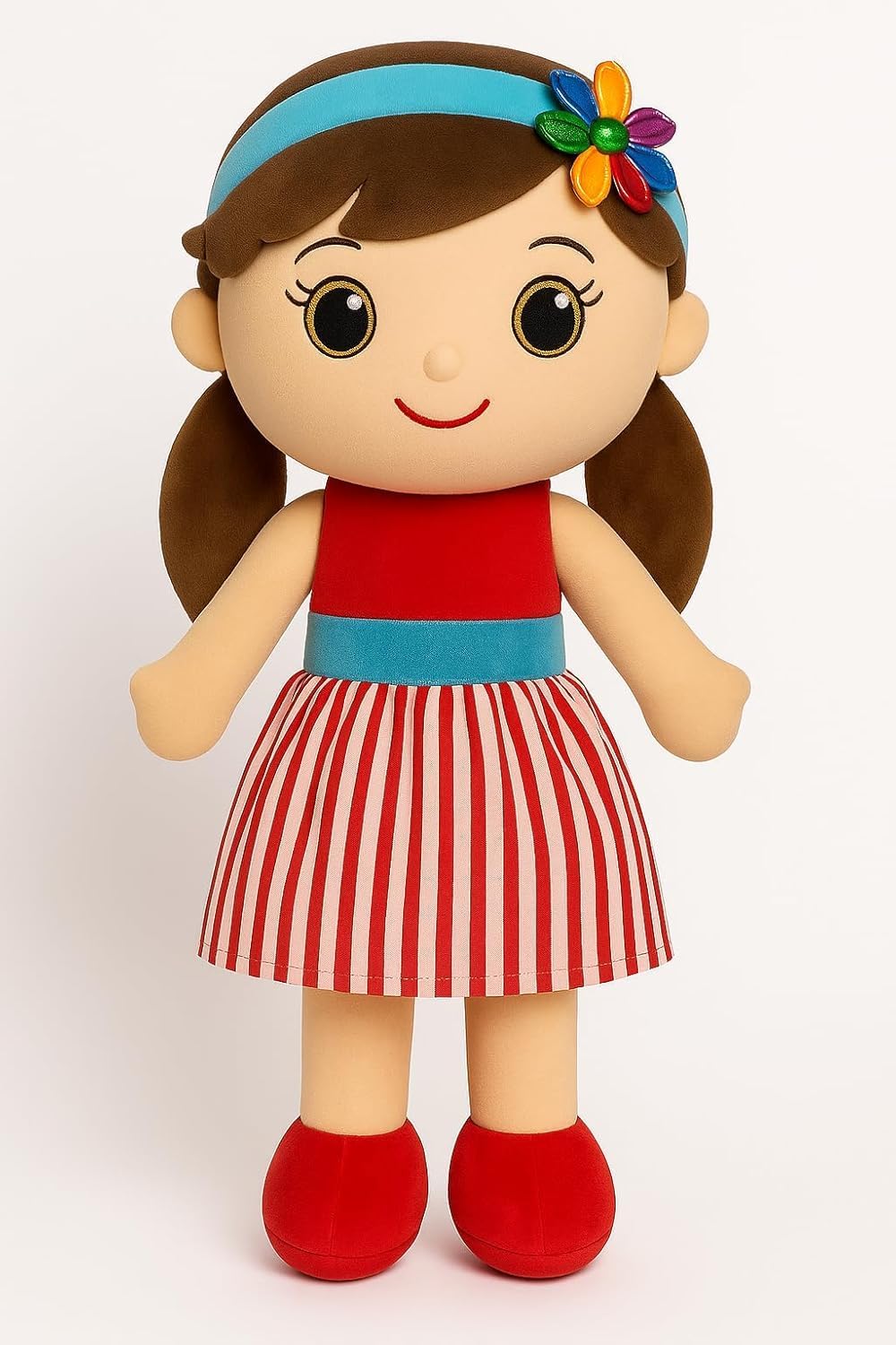 Cute Soft Plush Hugging Doll for Girls, Red Dress with Colorful Headband, Stuffed Toy Gift for Kids, 35cm