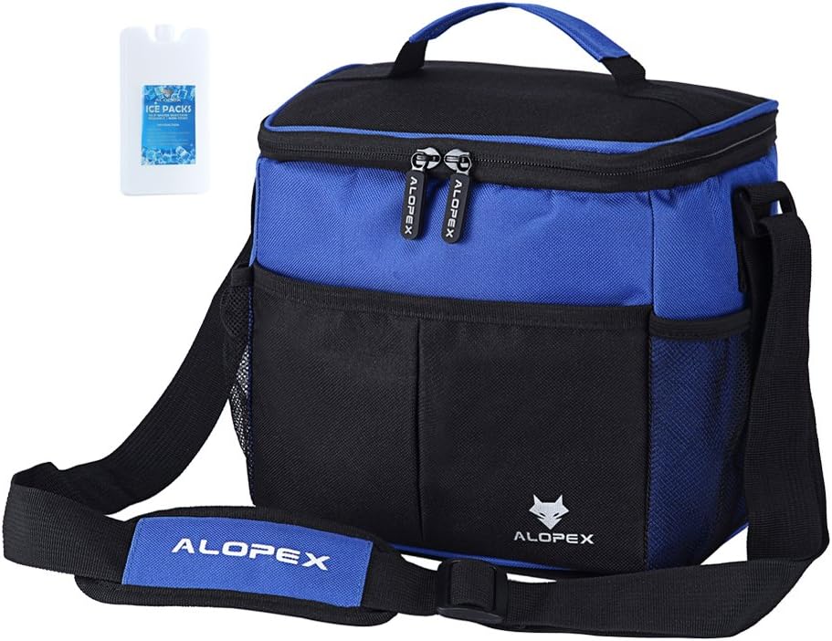ALOPEX Insulated Lunch Bag For Men Women Kids Office Work School Shoulder Strap With Ice Pack,9 Can, Black & Navy Blue