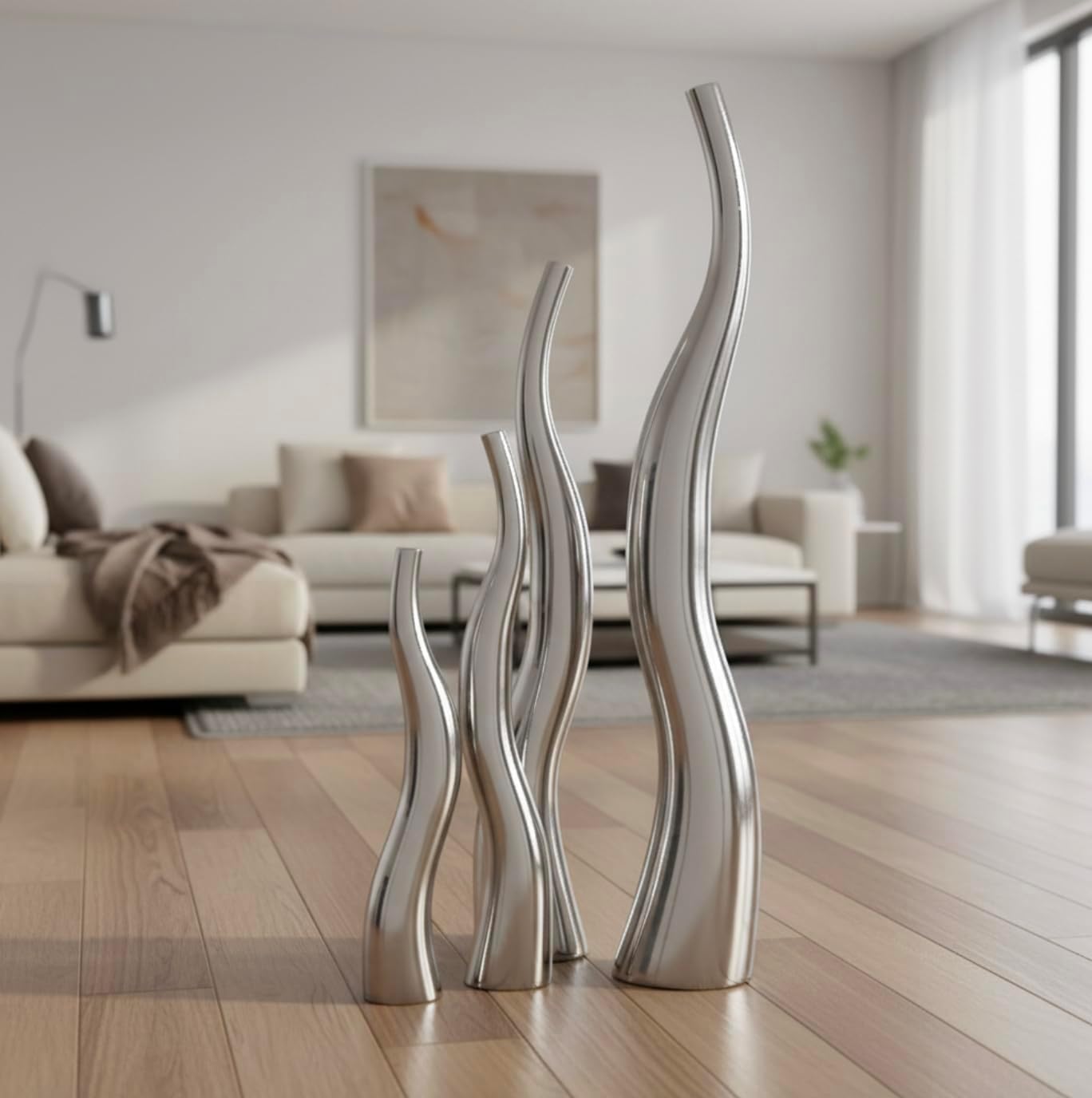 Modern Day Accents Curva Tall Set of 2, Silver, Aluminum, Contemporary, Modern, Wiggly, Popular, Glam, Floor Standing, Lg 6 32, Sm Vase: 5” x 3.5” x 24