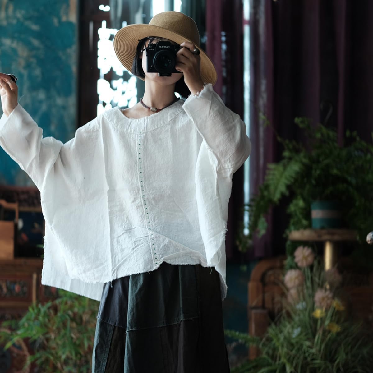Women's White Linen Blouse Oversized Batwing Long Sleeve Raw Edge Detail Shirt