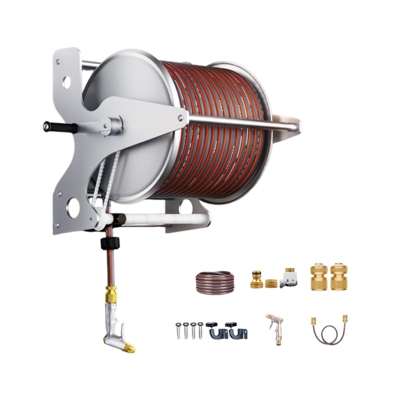 Zwijacz Ścienny 2-w-1 Stal Nierdzewna, Metalowy Wózek na Wąż Heavy Duty z Dyszą Wysokiego Ciśnienia, Organizer do Przechowywania Ręczny Płynny Zestaw Profi(20M/65FT)
